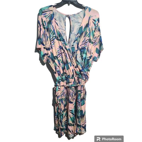 Torrid Super Soft Surplice Front Tie Romper Pink Palm Hawaiian - Picture 3 of 4